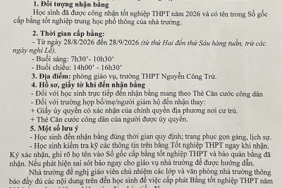 TRƯỜNG THPT NGUYỄN CÔNG TRỨ THÔNG BÁO VỀ VIỆC NHẬN BẰNG TỐT NGHIỆP LỚP 12
